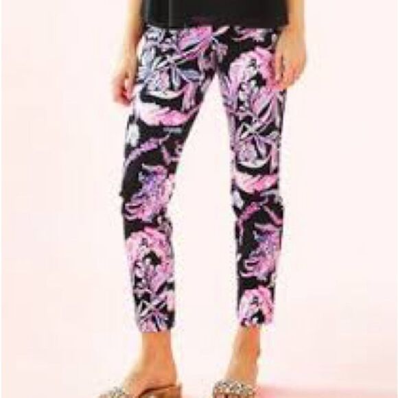 Lilly Pulitzer Women's 4 Kelly Ankle Pants Black Pink Purple Wildflower Floral